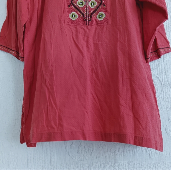 Dana Buchman Red Embroidered Long Tunic Shirt Boho Hippie Coral Cream Light XL - Picture 6 of 12